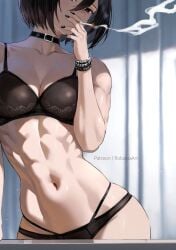 1girls 2d abs asian athletic athletic_female attack_on_titan black_hair black_nails bra bracelet breasts choker cigarette female female_only hips lingerie looking_at_viewer mikasa_ackerman muscular muscular_female panties robustaart shingeki_no_kyojin smoke smoking smoking_cigarette solo solo_female