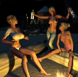 3d 3girls alcohol bare_shoulders barefoot beach big_breasts bimbo blonde_hair bottle breasts brown_hair busty cigarette cottonkidd curvy detailed_background ear_piercing earrings eyeshadow feet female female_only fire fishnet_lingerie front_view group hair_over_one_eye hairbun holding_object hoop_earrings hourglass_figure human jeans lipstick long_hair looking_up makeup midriff multiple_females multiple_girls night original_character outdoor outside pants piercing pose posing red_lipstick roxanne_rolls sand shadow shiny shiny_skin short short_hair shortshorts sitting small_breasts spread_legs spreading standing tied_hair toes voluptuous wide_hips