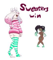 ass blush embarrassed embarrassed_nude_female enf green_markings inkling looking_back marina_(splatoon) nude octoling pearl_(splatoon) punishment splatoon splatoon_2 sweater thighhigh_socks transparent_background zedrin