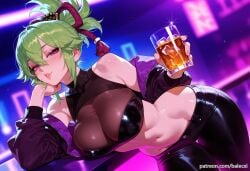 ai_generated balecxi bare_shoulders black_pants cleavage cup female genshin_impact green_hair holding kuki_shinobu large_breasts looking_at_viewer navel off_shoulder ponytail purple_eyes purple_jacket solo