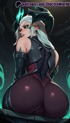 1girls 2025 ai_generated aqua_hair artist_name ass electroworld female from_behind green_hair hi_res high_quality high_resolution highres league_of_legends lipstick long_hair looking_at_viewer looking_back makeup night night_sky patreon patreon_username riot_games ruined_shyvana shyvana solo stable_diffusion star_(sky) starry_sky the_ruined_king_saga tongue_out watermark