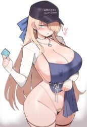 alternate_costume areola_slip baseball_cap blonde_hair blue_eyes brown_dust_(series) brown_dust_2 cleave condom curvy earrings hair_bow hair_over_one_eye hiita_(artist) huge_breasts long_hair necklace parted_lips pubic_hair sweat text_on_hat wide_hips wilhelmina_(brown_dust)