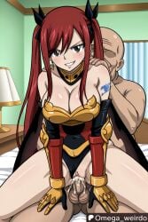 1girl1boy ai_generated armor bed bedroom bedroom_sex big_breasts blush brown_eyes cum cum_in_pussy cum_inside earrings erza_scarlet evil_grin evil_smile faceless_male fairy_tail fat_male female gloves hair_ribbon huge_breasts indoors indoors_sex looking_at_viewer omega_weirdo patreon red_hair reverse_cowgirl_position sex smile smiling smiling_at_viewer smug straddling tattoo twintails