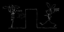 2025 ^_^ anthro black_background blush breasts closed_eyes clothing covering covering_breasts covering_crotch covering_own_breasts covering_vulva digital_drawing_(artwork) digital_media_(artwork) dress ears_down embarrassed english_text female genitals happy lagomorph leporid looking_down mammal monochrome nipples nude nude_anthro nude_female open_mouth open_smile pivoted_ears rabbit simple_background small_breasts smile solo stuttering text torn_clothing torn_dress unusual_eyes vib-ribbon vibri vulva vussybussy walking white_text