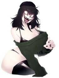 ass black_lipstick bra creepette_holloway creepy damaged_clothes hat large_breasts lichelet open_mouth painted_nails pale-skinned_female saliva sharp_teeth smile sweater thighhighs thong tongue_out white_eyes
