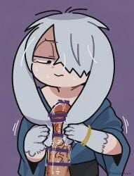 2boys bar_censor earjob erection fur gay gegege_no_kitarou genital_fluids grey_body grey_fur grey_hair hair_over_one_eye half-closed_eyes kimono kitarou_tanjou_gegege_no_nazo male male_only male_pov medama_oyaji_(human) pale-skinned_male pale_skin penis pov precum purple_background rabbit_boy rabbit_ears rabbit_humanoid shaded_face solo_focus sweat tbsktbwa tears twink uncommon_stimulation white_hair yaoi