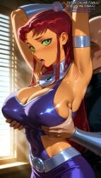 1boy 1girls ai_generated areola_slip armband armlet armpits arms_behind_head arms_up bald blush bracer breasts cleavage colored_sclera colored_skin covered_navel covered_nipples dark_skin dc_comics dcau faceless faceless_male grabbing grabbing_another's_breast grabbing_from_behind green_eyes green_sclera indoors injustice_2 large_breasts long_hair looking_at_viewer meitabuu open_mouth orange_skin presenting_armpit purple_skirt red_hair saliva saliva_trail side_cutout solo_focus starfire starfire_(comics) starfire_(teen_titans) straight sweat teen_titans tongue tongue_out window window_blinds yellow_sclera