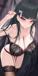absurdres akipopopopoon black_bra black_hair black_panties blue_archive blunt_bangs blush bra breasts brown_thighhighs collarbone female highres huge_breasts indoors leaning_forward lingerie long_hair looking_at_viewer millennium_science_school_student panties red_eyes rio_(blue_archive) seminar_(blue_archive) smile solo straight_hair strap_slip thighhighs underwear underwear_only very_long_hair