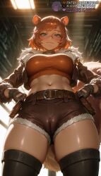 1girls abs ai_generated animal_ears artist_name belt belt_pouch black_gloves black_thighhighs blush breasts brown_belt brown_hair brown_shorts cameltoe choker closed_mouth crop_top cropped_jacket cutoffs fingerless_gloves freckles from_below fur-trimmed_jacket fur_trim gloves green_eyes hands_on_own_hips jacket large_breasts looking_at_viewer looking_down marvel marvel_comics marvel_rivals meitabuu midriff navel open_clothes open_jacket orange_hair orange_shirt patreon_username short_hair short_shorts shorts skindentation smile solo squirrel_ears squirrel_girl_(marvel) squirrel_girl_(marvel_rivals) squirrel_tail tail thighhighs thighs