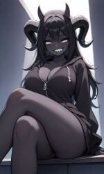 ai_generated breasts cleavage cozy cute hoodie large_breasts legs_crossed looking_at_viewer solo solo_female teasing the_binding_of_isaac the_siren_(the_binding_of_isaac) thick_thighs upskirt