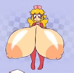 1girls animated blonde_hair blush breast_expansion breasts bursting_clothes button_pop cleavage cleavage_cutout clipboard clothes_stretching dr._mario_(series) earrings expansion female female_only fully_clothed garter_straps heels human hyper hyper_breasts mario_(series) metachoke nintendo notepad nurse nurse_peach nurse_uniform princess_peach shredded_clothes slideshow solo worried