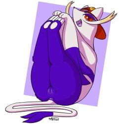 2025 absurd_res accessory alternate_species anthro anus clothing female generation_5_pokemon genitals hat hat_only headgear headgear_only headwear headwear_only hi_res legs_together legs_up looking_at_viewer mienshao mostly_nude multicolored_body nintendo nulloffset open_mouth open_smile pin_accessory pin_button pokemon pokemon_(species) purple_background purple_body pussy red_eyes simple_background smile solo stretching sylvie_(wups) teeth vulva whiskers white_background white_body