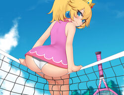 1girls big_butt blonde_hair blue_eyes bubble_butt butt butt_support clouds crown earrings fat_ass female female_only from_below huge_butt human kuroonehalf looking_at_viewer looking_back mario_(series) mario_tennis nintendo outdoors panties ponytail princess_peach sky smile solo tagme tennis tennis_court tennis_racket under_skirt white_panties