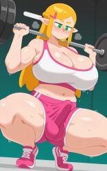 1girls ai_generated blonde_hair breasts bulge bulge_through_clothing duolingo_style erection_under_clothes futanari green_eyes huge_breasts long_hair plump shoes sotawa squatting thick_thighs tight_clothing weightlifting workout workout_clothes