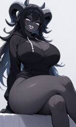 ai_generated breasts cleavage cozy cute hoodie large_breasts legs_crossed looking_at_viewer solo solo_female teasing the_binding_of_isaac the_siren_(the_binding_of_isaac) thick_thighs upskirt