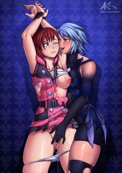 2girls akazlime anti-aqua aqua_(kingdom_hearts) blue_eyes blue_hair breasts crying enemy_conversion femsub fingering fingering_partner kairi kingdom_hearts multiple_girls nipples red_hair ripped_clothing square_enix tears tongue tongue_out yellow_eyes yuri