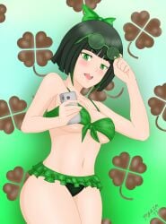 1girls anime_gacha! belly_button bikini bob_cut breasts clover_(plant) dj_clover female gacha_resort gacha_world green_eyes light-skinned_female light_skin lunime smartphone solo yogaim73