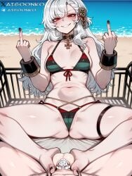1boy ai_generated aigoonko alpha_1918 beach bikini black_nails black_toenails chastity_cage cheating cuckold feet feet_on_balls female flag_bikini flat_chastity_cage grin hair_ornament humiliation light-skinned_female light-skinned_male long_hair middle_finger netorare pov red_eyes russia russian smirk white_hair