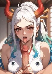 ai ai_generated blowjob cum_in_mouth demon female female penis white_hair yamato_(one_piece)
