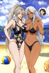 2girls beach belldandy bikini breasts curvy dark-skinned_female dark_skin female female_only hair krabby_(artist) large_breasts long_hair multiple_girls oh_my_goddess! patreon_username sisters skuld swimsuit urd