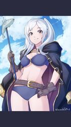 bra cloak female fire_emblem fire_emblem_awakening fire_emblem_heroes gloves grimmelsdathird hand_on_hip panties purple_eyes robin_(female)_(summer)_(fire_emblem) robin_(fire_emblem) robin_(fire_emblem)_(female) smile solo swimsuit white_hair