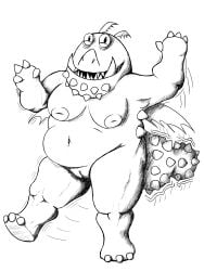 3:4 absurd_res anthro ass belly big_breasts black_and_white breasts chin_spikes claws digital_drawing_(artwork) digital_media_(artwork) dragon dreamworks facial_horn facial_spikes female gesture gronckle hand_gesture head_wings hi_res horn how_to_train_your_dragon line_art looking_at_viewer meatlug membrane_(anatomy) membranous_wings miglove monochrome motion_lines mythological_creature mythological_scalie mythology navel nipples nose_horn nude open_mouth round_tail scalie shaded simple_background slightly_chubby smile solo spiked_tail spikes spikes_(anatomy) stomach_bulge tail teeth thick_thighs unusual_wing_placement v_sign wings