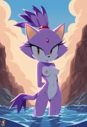 1girls 2d 2d_(artwork) ai_assisted ai_generated anthro anthro_female areola areolae artist_logo artist_name artist_signature artist_upload bathing blaze_the_cat booty breasts breasts_out feline female gem gem_on_forehead in_water leaning leaning_on_object leaning_on_rock looking_at_viewer mobian mobian_(species) mobian_cat mountain neutral_expression nipple nipples ponytail purple_fur sega self_upload sideboob sinandsketch sky sonic_(series) sonic_rush sonic_the_hedgehog_(series) tail tail_tuft thick tied_hair vagina water wet yellow_eyes