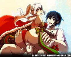 1boy ass big_breasts black_hair breasts christmas christmas_outfit cowgirl_position cum cum_in_pussy cum_inside female fire_emblem fire_emblem_awakening fire_emblem_heroes incest kinkymation morgan_(fire_emblem) morgan_(fire_emblem)_(male) mother mother_and_son mothers_duty nintendo panties_aside red_eyes robin_(fire_emblem) robin_(fire_emblem)_(female) sex smile son straight tharja_(fire_emblem)_(cosplay) twintails vaginal_penetration video_games white_hair