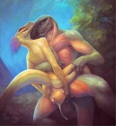 2019 anal anal_sex anthro anthro_on_anthro anus ball_fondling balls better_version_at_source big_balls biped bodily_fluids closed_eyes cum cum_in_ass cum_inside cum_on_balls cum_on_self dinosaur duo fondling genital_fluids green_skin hair hand_on_thigh hi_res hug klongi lizard looking_pleasured male male_penetrated male_penetrating nude on_top outside painting penetration purple_hair reptile scalie sex sitting smile smirk tree yaoi yellow_skin