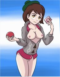 1girls areolae atnog beret breasts brown_hair condom condom_wrapper exposed_breasts female gloria_(pokemon) hair innie_pussy nintendo nipples pokeball pokemon pokemon_ss pussy video_game yellow_eyes