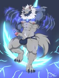 abs absurd_res anthro armor big_muscles big_penis blue_eyes bulge canid canine canis claws fur genitals grey_body grey_fur hi_res humanoid_genitalia humanoid_penis male mammal muscular muscular_male nickgray nipples pecs penis pubes solo wolf