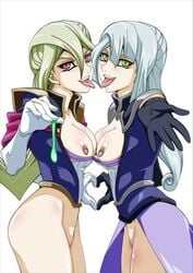 2girls bare_breasts blonde_hair breasts_out clothed female female_only gloria_tyler gloves grace_tyler green_eyes incest no_panties piercings pink_eyes silver_hair sisters tyler_sisters(yu-gi-oh!) wide_hips yu-gi-oh! yu-gi-oh!_arc-v yuri