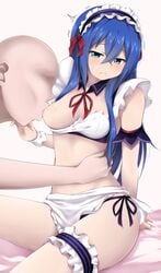 1boy apron arm_strap astarte_(strike_the_blood) blue_eyes blue_hair bow bra bra_lift breast_sucking breasts closed_mouth clothing detached_collar faceless faceless_male female hair_between_eyes hairbow highres long_hair maid maid_headdress medium_breasts neck_ribbon panties red_bow red_ribbon ribbon shiny shiny_hair side-tie_panties sleeveless strike_the_blood striped striped_bra sweatdrop thigh_strap underwear waist_apron white_apron white_background white_bra yyi