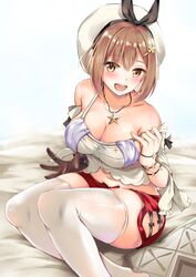 1girls atelier_(series) atelier_ryza bare_shoulders blush breasts brown_eyes brown_gloves brown_hair cleavage collarbone eyebrows_visible_through_hair female gloves hair_ornament hairclip hat highres jewelry konka large_breasts looking_at_viewer midriff navel necklace off_shoulder red_shorts reisalin_stout short_hair short_shorts shorts single_glove sitting solo star teeth upper_teeth white_headwear white_legwear