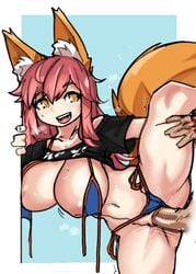 absurdres against_wall animal_ear_fluff animal_ears bikini bikini_aside bikini_under_clothes black_shirt blue_background blue_bikini breasts collarbone crop_top fate/grand_order fate_(series) fox_ears fox_tail hand_on_wall happy_sex highres huge_breasts leg_lift long_hair multicolored multicolored_background navel nipples no_pants open_bikini open_clothes open_mouth penis pink_hair pussy sex shirt shirt_lift side-tie_bikini smile solo_focus spread_legs straight swimsuit swimsuit_under_clothes tail tamamo_no_mae_(fate) tamamo_no_mae_(swimsuit_lancer) thigh_grab thighs vaginal_penetration white_background yellow_eyes zanamaoria