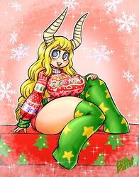 bendacriss big_breasts blonde_hair bubble_butt christmas christmas_outfit christmas_sweater horns huge_breasts long_hair my_hero_academia pony_girl sweater thick_thighs thighhighs tsunotori_pony x-mas