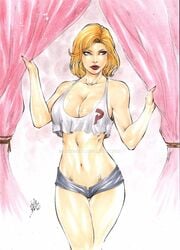 1girls 2017 belly_button big_breasts blonde_hair blue_eyes blue_shorts booty_shorts breasts busty cleavage curtain curtain_grab curtains curvaceous curvy dated dc dc_comics deviantart drapes earth-2 earth2 earth_2 ed_benes_studio eyeshadow female female_only hot_pants jsa justice_society justice_society_of_america kara_zor-l karen_starr kryptonian lanio_sena large_breasts makeup mascara midriff nail_polish navel pink_curtains pinup power_girl red_lips red_lipstick red_nail_polish red_nails shirt short_hair short_shorts signature solo stomach superheroine tank_top thick_thighs thighs voluptuous watermark white_shirt white_tank_top white_topwear