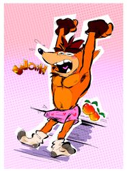 1boy 2019 anthro armpit_hair bandicoot black_nose blush bodily_fluids body_hair boxers boxers_(clothing) chest_tuft closed_eyes clothing crash_(series) crash_bandicoot english_text erect erection erection_under_clothes erection_under_clothing fingerless_gloves fur furry furry_only genital_fluids gloves gradient_background handwear happy_trail heart heart_boxers heart_underwear legwear male male_only mammal marsupial naughty_dog naughtybassard no_humans open_mouth orange_fur outline pink_boxers pink_underwear precum raised_arm simple_background socks solo solo_male sony_corporation sony_interactive_entertainment stretching teeth tenting text tongue torquewintress tuft underwear video_games wumpa_fruit yawn