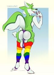 anthro ass balls big_balls big_butt black_nose border canid canine claws clothed clothing digital_media_(artwork) emufur fidget_the_fox fox fur g-string genitals green_body green_eyes green_fur hair hi_res huge_balls huge_butt huge_thighs legwear looking_at_viewer male mammal multicolored_clothing multicolored_legwear multicolored_thigh_highs non-euclidean_border nude open_mouth paws rainbow_clothing rainbow_legwear rainbow_thigh_highs simple_background solo tail thick_thighs thigh_highs thong tongue underwear white_body white_fur