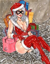 2016 alternate_costume ass big_breasts black_cat_(marvel) blue_eyes box boxes breasts busty christmas christmas_present cleavage curvaceous curvy dated deviantart domino_mask ed_benes_studio eyeshadow felicia_hardy fur_collar fur_gloves gloves hand_on_leg heels high_heels lanio_sena large_breasts long_hair makeup marvel marvel_comics mascara mask panties panty_lift panty_pull panty_tug present_box presents red_clothes red_clothing red_gloves red_heels red_high_heels red_lips red_lipstick red_panties red_shirt red_topwear ribbon santa_claus_(cosplay) santa_costume santa_hat santa_suit shirt signature sitting spider-man_(series) thick_thighs thighs voluptuous watermark web webbing white_hair wrapped wrapping