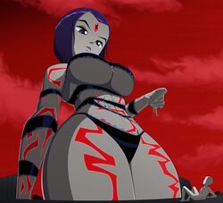 body_markings breast_crush breast_hold breast_squeeze dc giant giantess huge_breasts rachel_roth raven_(dc) ravenravenraven ripped_clothing teen_titans thick thick_thighs thighs underboob viewed_from_below