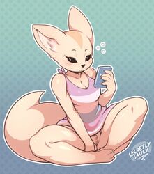 2019 3_toes 5_fingers aggressive_retsuko anthro big_ears big_tail biped black_eyes black_nose blush bottomless breasts canid canine cellphone clitoral_hood clitoris clothed clothing english_text female fennec fenneko fox front_view fur furry furry_only gradient_background hi_res holding_object inner_ear_fluff light_fur long_tail mammal mostly_nude multicolored_clothing multicolored_fur multicolored_topwear naked no_underwear nude outline pattern_background pattern_clothing pattern_topwear phone pink_clothing pink_topwear pussy sanrio secretly_saucy shirt signature simple_background sitting smooth_skin solo solo_female striped_clothing striped_shirt striped_topwear stripes tail tan_fur text thick_thighs toes topwear two_tone_fur wide_hips