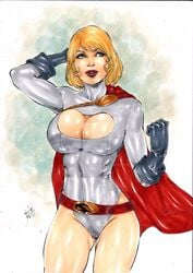 1girls 2017 abstract_background big_breasts blonde_hair blue_eyes blue_gloves breasts busty cape cleavage cleavage_cutout cleavage_overflow clenched_fist curvaceous curvy dated dc dc_comics deviantart earth-2 earth2 earth_2 ed_benes_studio eyeshadow female female_only full_cleavage gloves hand_on_head huge_breasts jsa justice_society justice_society_of_america karen_starr kryptonian lanio_sena leotard makeup mascara pinup power_girl red_cape red_lips red_lipstick short_hair signature solo superheroine thick_thighs thighs voluptuous watermark white_clothes white_clothing white_leotard