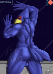 against_window anthro ass avian balls beak bird bubble_butt falco_lombardi falcon falconid feathers green_eyes looking_at_viewer looking_back male male_only nintendo nude presenting presenting_hindquarters richfox smile solo standing star_fox thick_thighs video_games