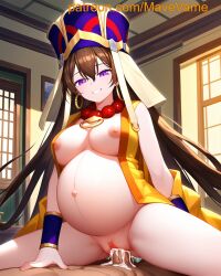 ai_generated breasts brown_hair cowgirl_position cum cum_in_pussy cum_inside earrings fate/grand_order fate_(series) penis_in_pussy pregnant pregnant_sex purple_eyes riding riding_penis smile vaginal_cum vaginal_penetration vaginal_sex xuangzang_sanzang_(fate) xuanzang_(fate)