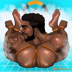 1boy baptiste bara barefoot beard brown_skin feet funkiebara lying male_only masculine muscular no_visible_genitalia overwatch overwatch_2 presenting restrained rope shower solo tattoo very_dark_skin wet