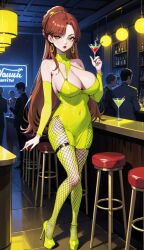 ai_generated auburn_hair bar fishnets green_eyes hoop_earrings large_breasts long_hair martini