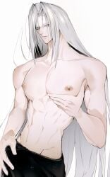 1boy belly_button big_pecs color final_fantasy final_fantasy_vii green_eyes holding_breast long_hair looking_at_viewer male_only muscular muscular_male nipple_piercing nipples pale-skinned_male pale_skin pecs pectorals ppking_8 sephiroth shirtless silver_hair square_enix tagme towel towel_around_waist white_background