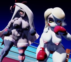 2girls 3d 3d_(artwork) beach_boxing big_breasts big_thighs black_boxing_gloves black_gloves boxing boxing_gloves boxing_match boxing_ring breasts catfight charlie_morningstar_(hazbin_hotel) demon_girl duo female female_focus female_only fight fighting fighting_ring gloves hazbin_hotel huge_breasts josugomezofficialnew large_breasts nipples on_knees red_boxing_gloves red_gloves ryona taunting thick thick_hips thick_thighs thighs topless topless_boxing topless_female vaggie_(hazbin_hotel) water wide_hips wiping_mouth yuri