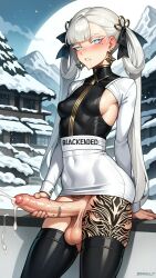 1futa ahe_gao ai_generated balls cum dickgirl ejaculation futanari intersex jinhsi_(wuthering_waves) pencil_skirt penis slitless_pencil_skirt tattoo testicles tight_pencil_skirt twintails white_shirt wuthering_waves yuuki_snow
